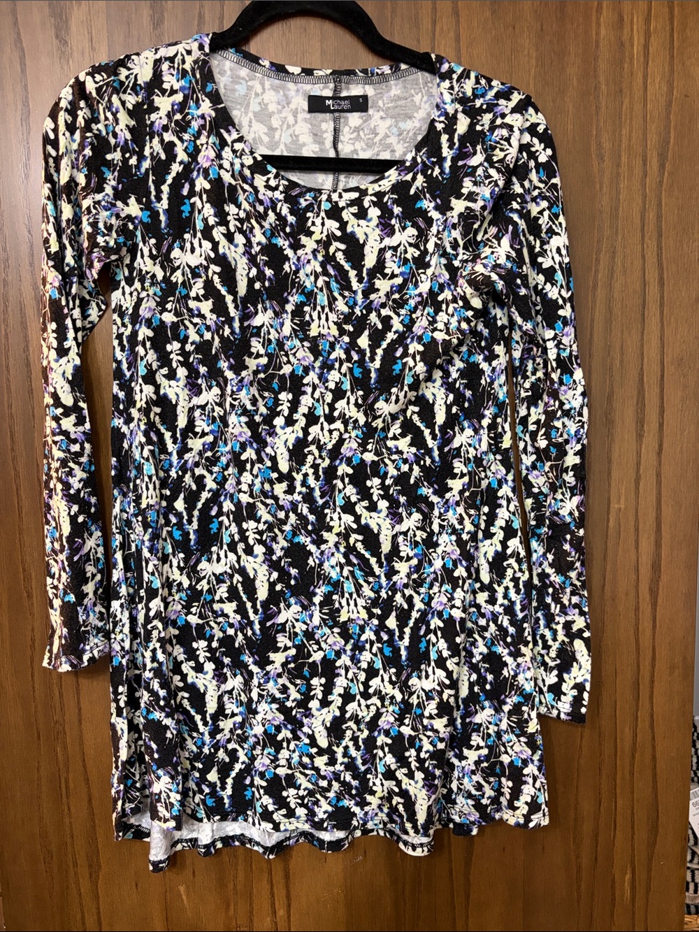 Michael Lauren Black Floral-Print Long Sleeve Tee
